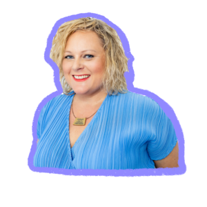 Photo of Lucy in blue dress with purple outline.
